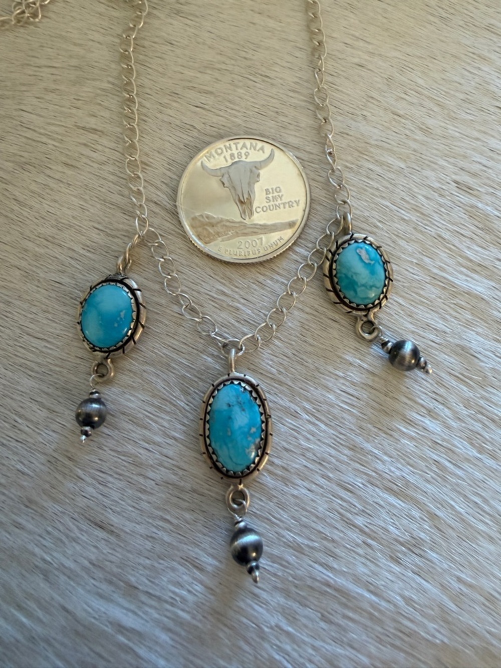 ❤️ Sierra Bella Turquoise 20” Sterling ADJ Necklace 5mm Desert Pearl Dangles 10G - Picture 9 of 12